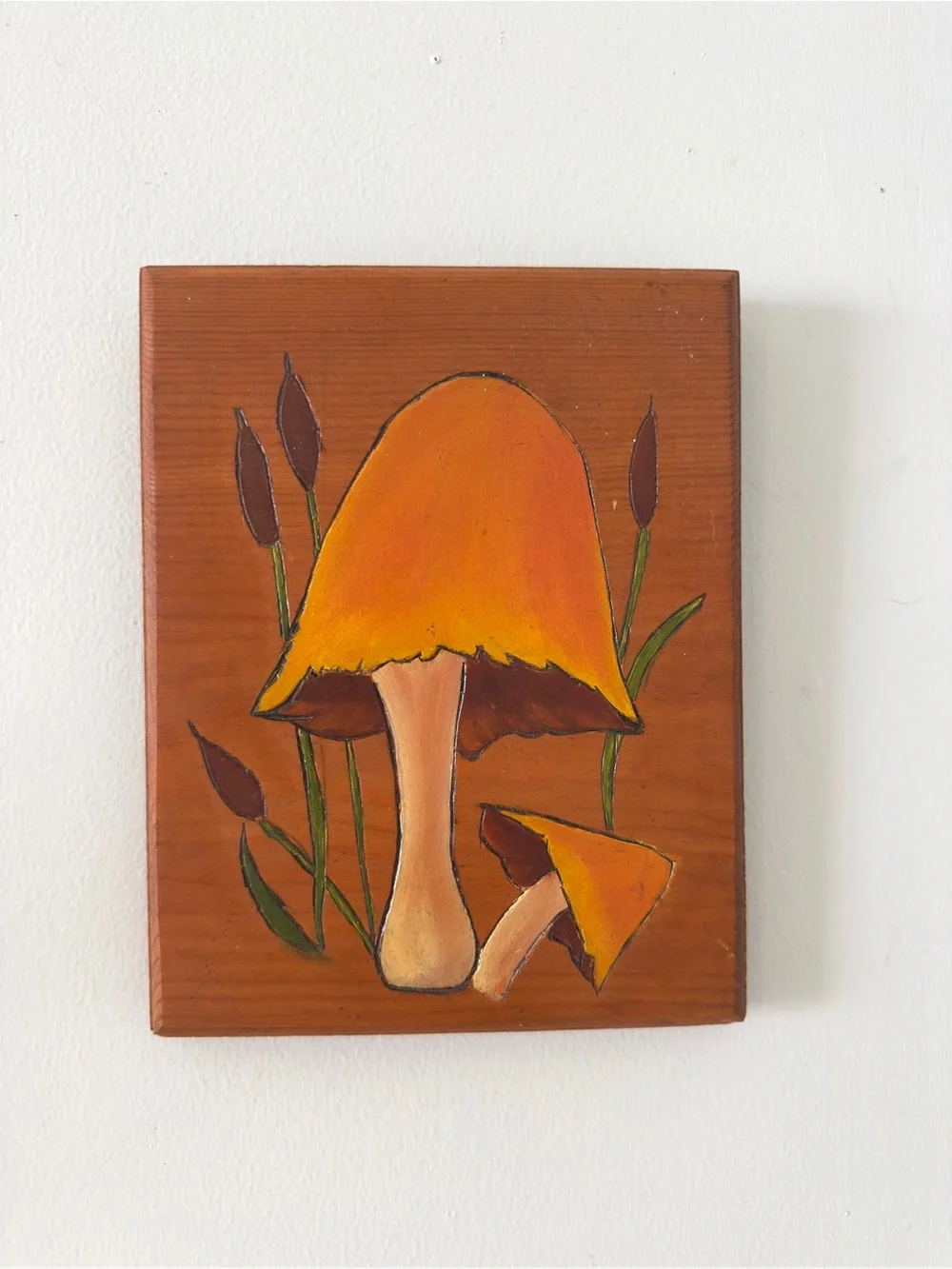 Vintage 1970's Hand Painted Mushrooms On Wood Wall Hanging Picture Retro Art MCM